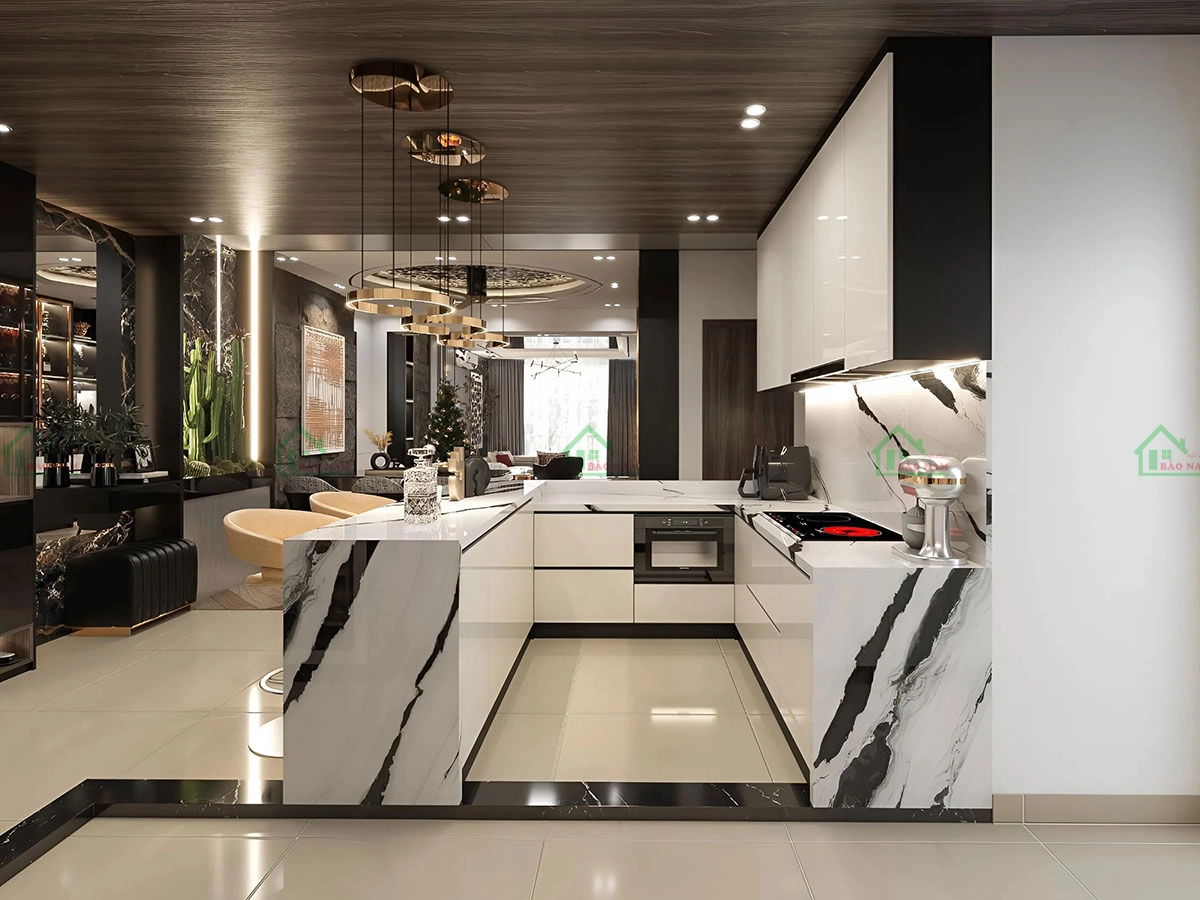 Sự kết hợp tủ bếp acrylic đen và trắng, tạo điểm nhấn cân bằng và hài hòa