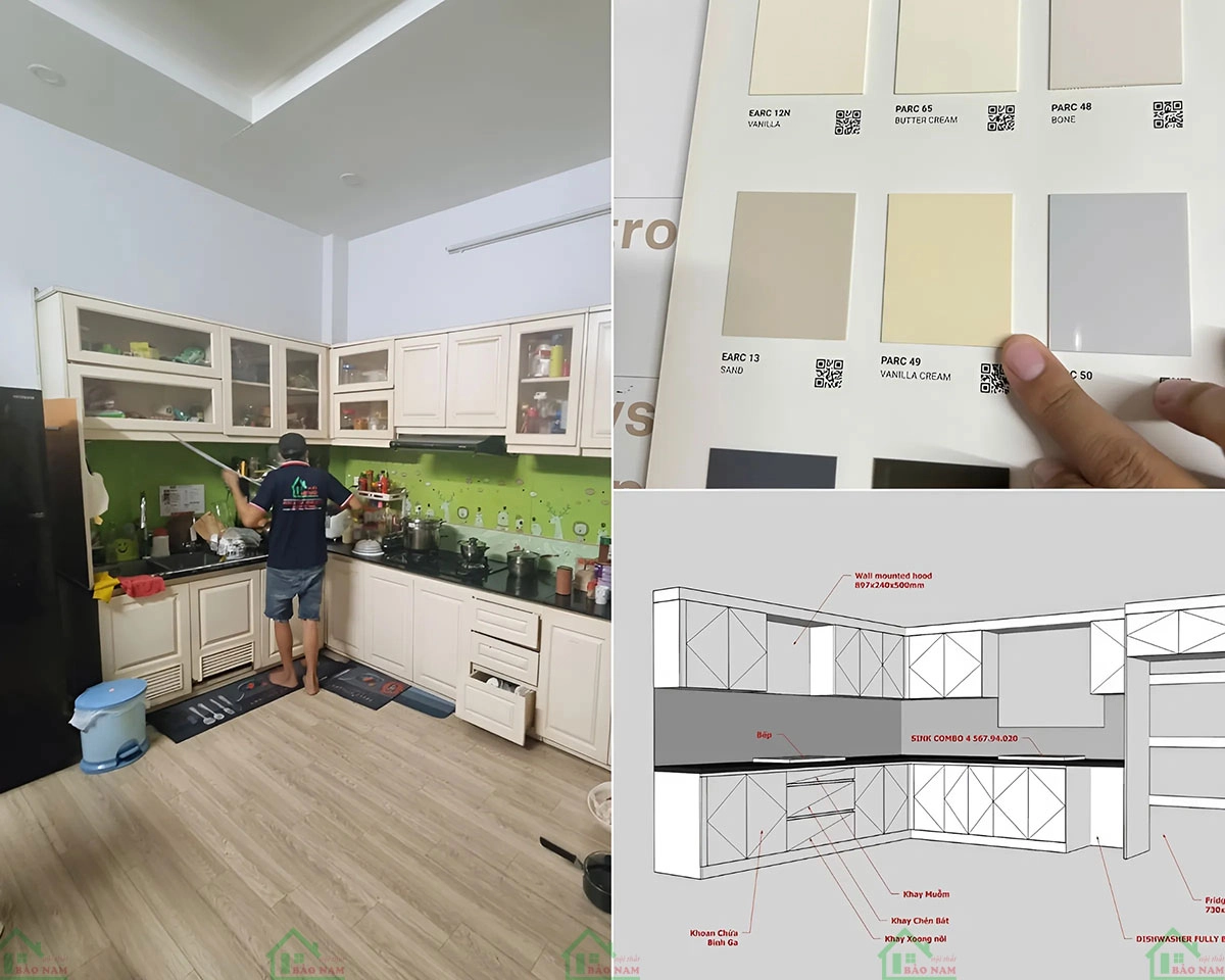 Quá trình đo đạc không gian bếp và chọn màu sắc cho tủ bếp acrylic