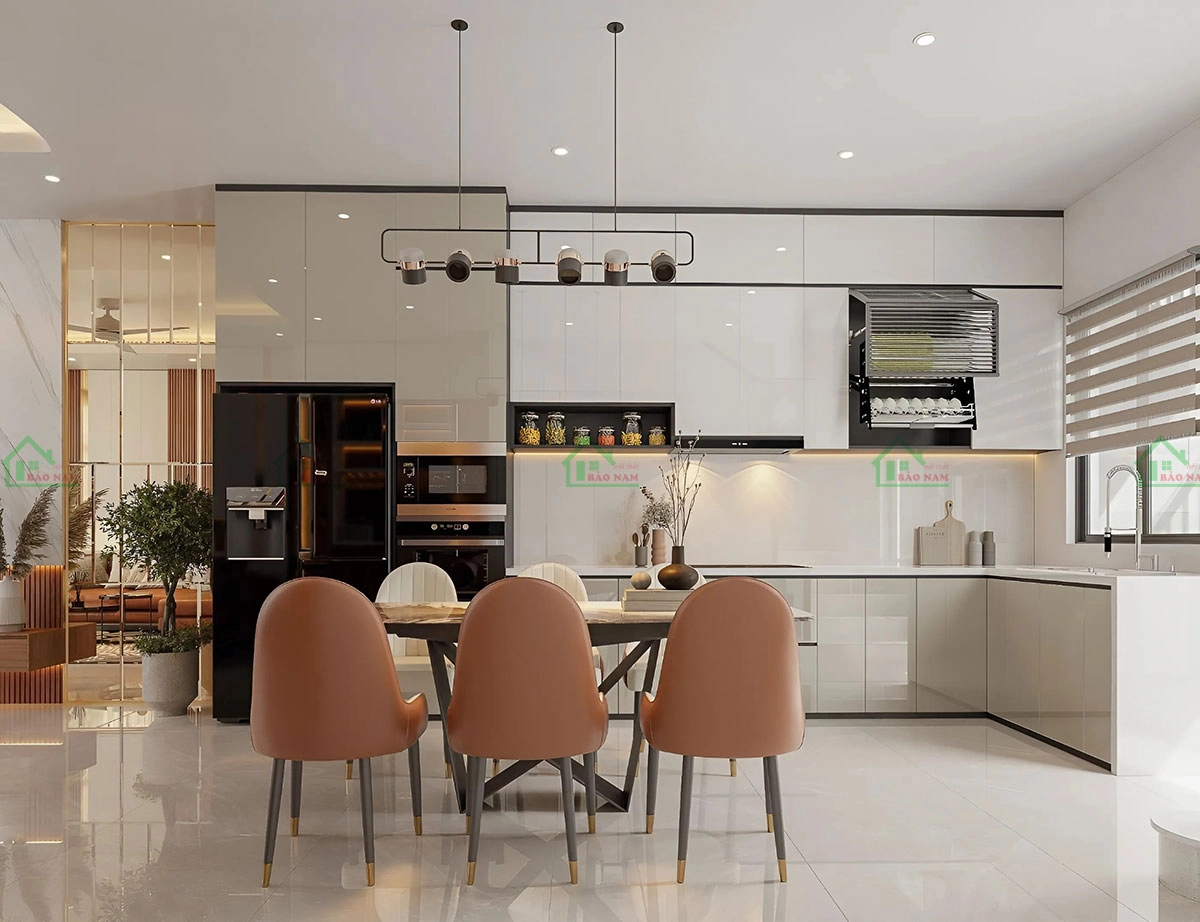 Tủ bếp acrylic bóng gương cao cấp, thể hiện sự sang trọng và đẳng cấp làm hài lòng gia chủ