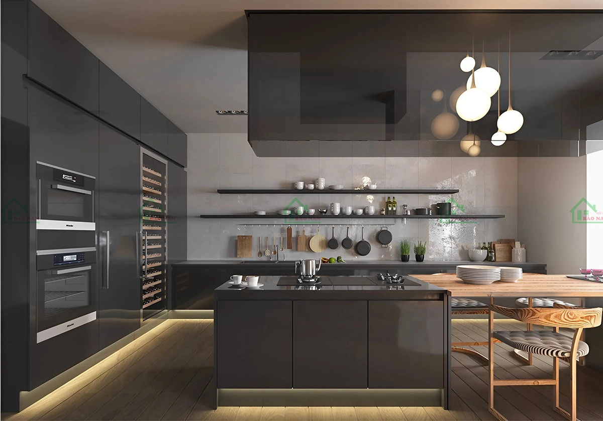 Tủ bếp acrylic màu đen sang trọng kết hợp với thiết bị bếp sáng màu