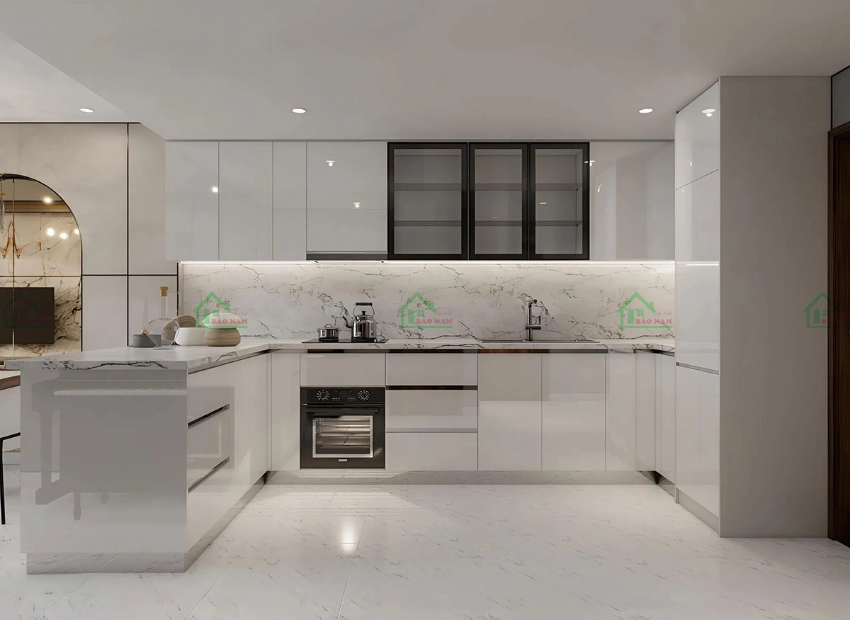 Tủ bếp acrylic màu trắng mang đến không gian sáng sủa, tạo cảm giác thoáng đãng