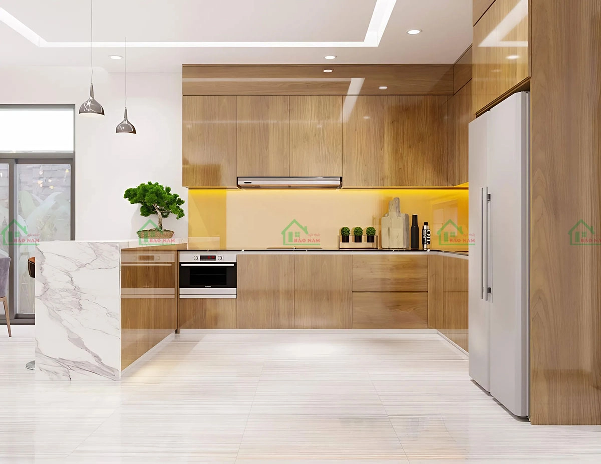 Tủ bếp acrylic nâu gỗ tự nhiên, tạo cảm giác ấm cúng và gần gũi