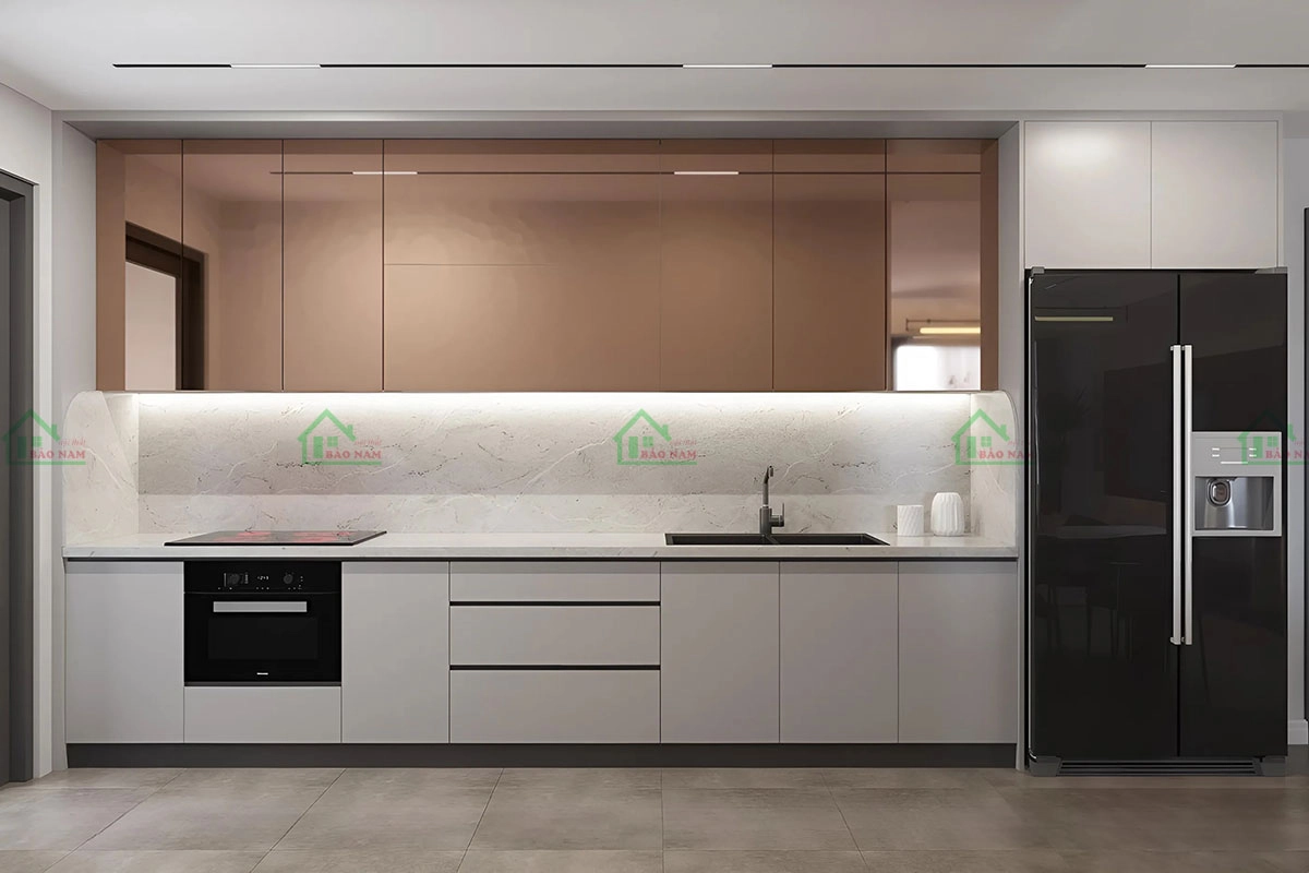 Tủ bếp acrylic vàng gold lấp lánh, mang lại sự sang trọng và đẳng cấp