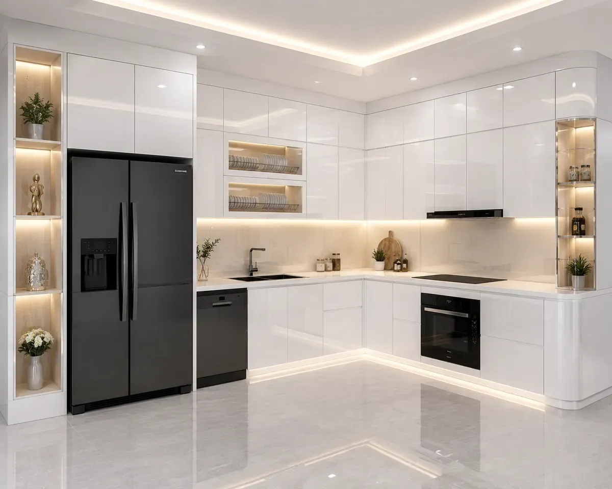 Bề mặt Acrylic bóng gương giúp không gian bếp sang trọng hơn.