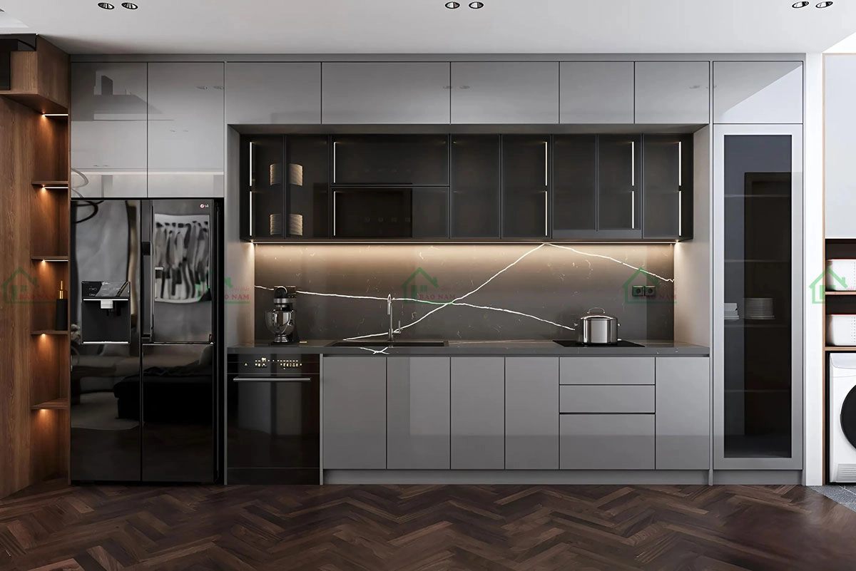 Tủ bếp acrylic đẹp với thiết kế hiện đại, tạo điểm nhấn cho không gian bếp sang trọng