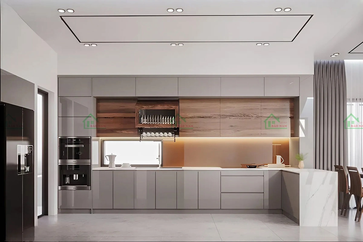 Mẫu tủ bếp acrylic với màu gỗ tự nhiên, thể hiện sự sang trọng và tinh tế