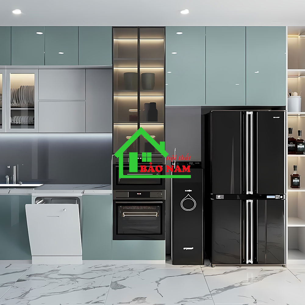 Mẫu tủ bếp acrylic bóng gương an cường
