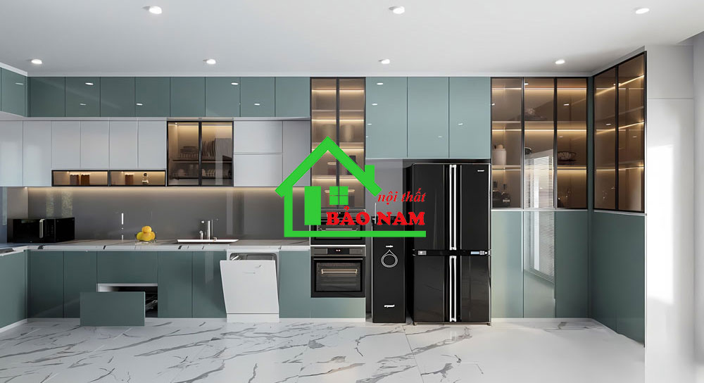 Tủ bếp chữ L màu xanh bóng gương acrylic cao cấp