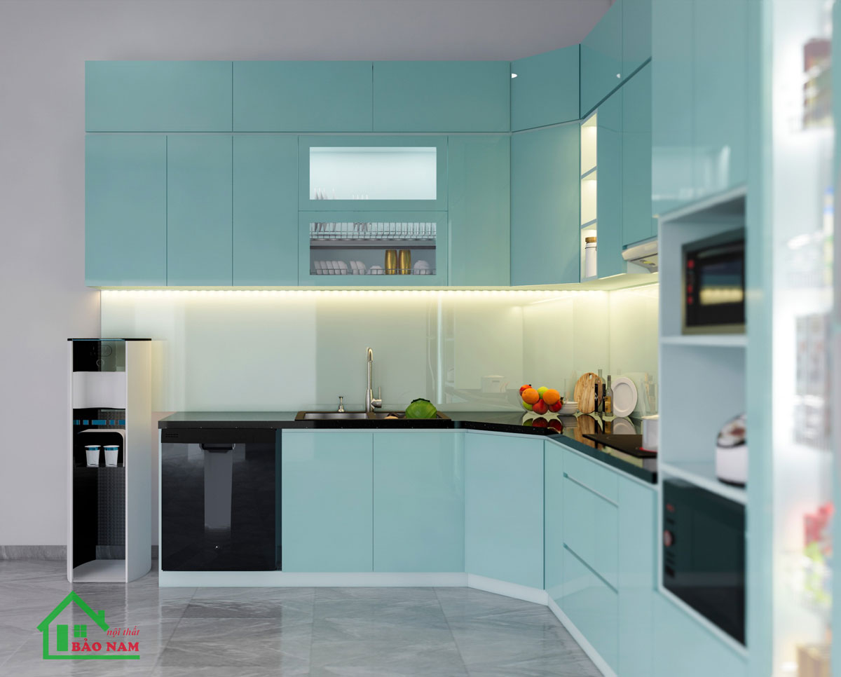 Tủ bếp acrylic TBA28 màu xanh ngọc đẹp hiện đại