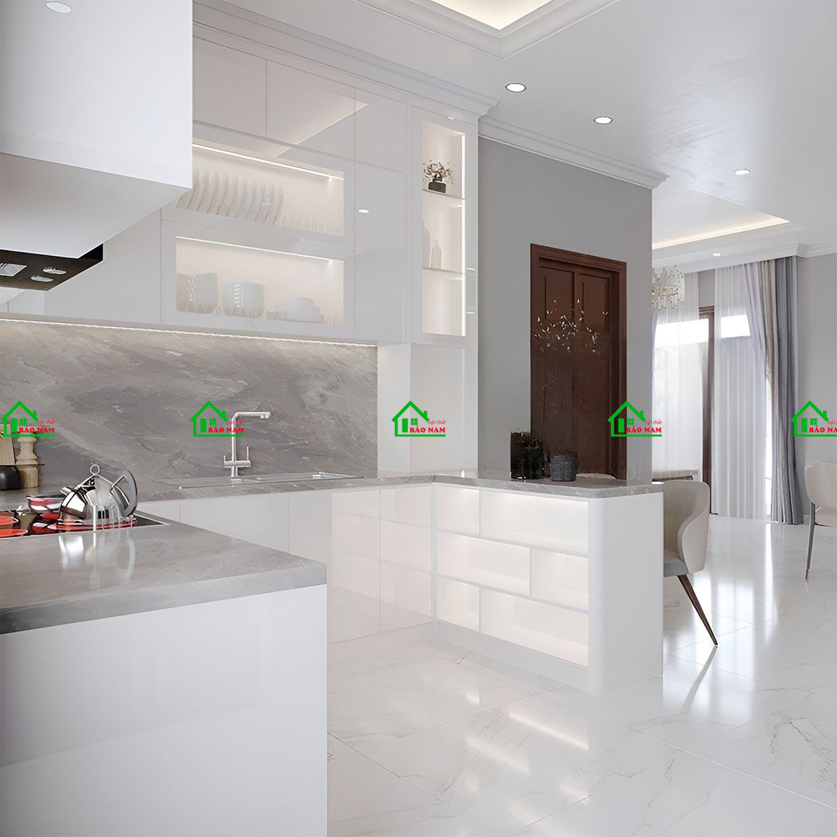 Tủ Bếp Acrylic An Cường Màu Trắng Đẹp Hiện Đại TBA40