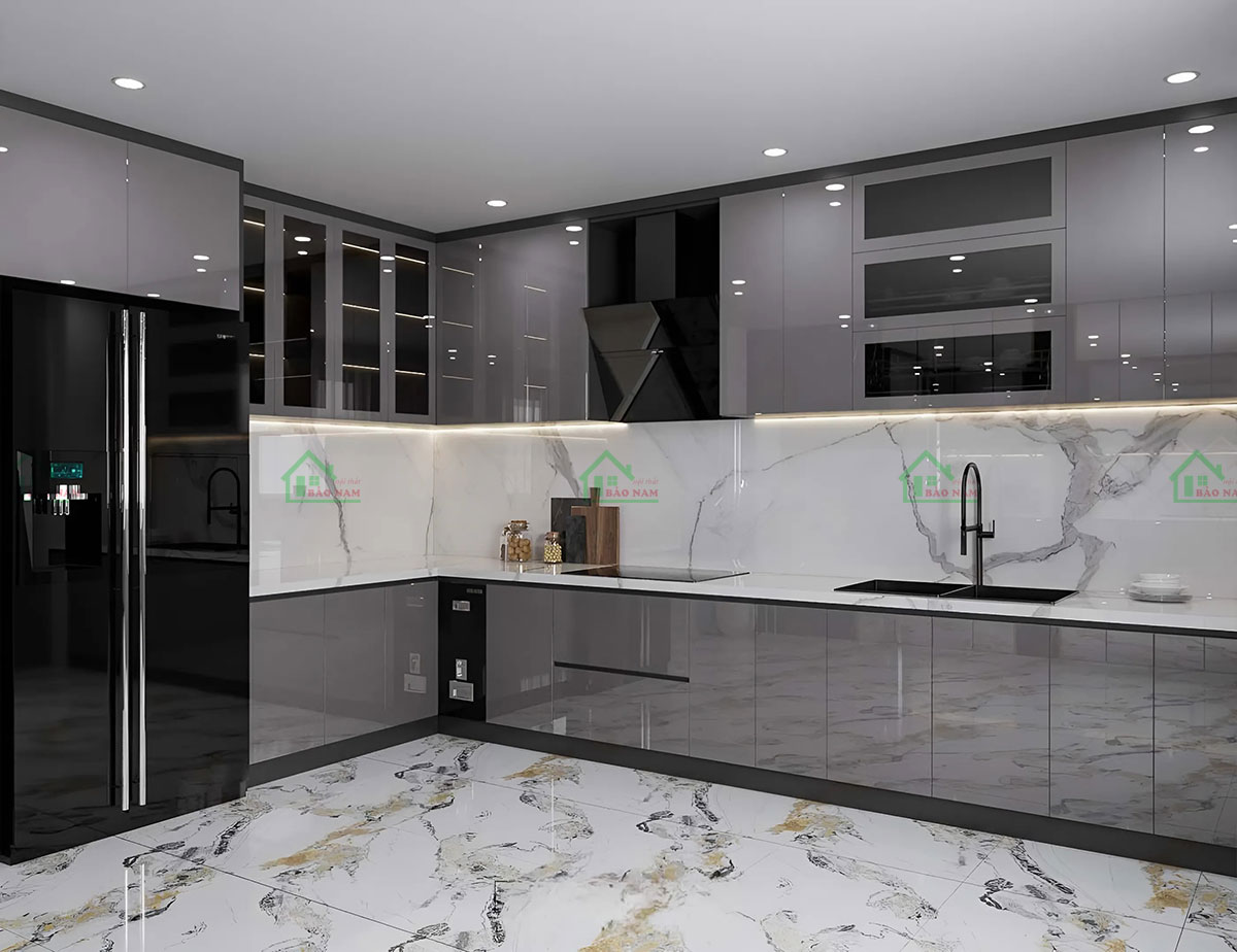 Tủ bếp acrylic TBA71 thiết kế hình chữ L hiện đại.