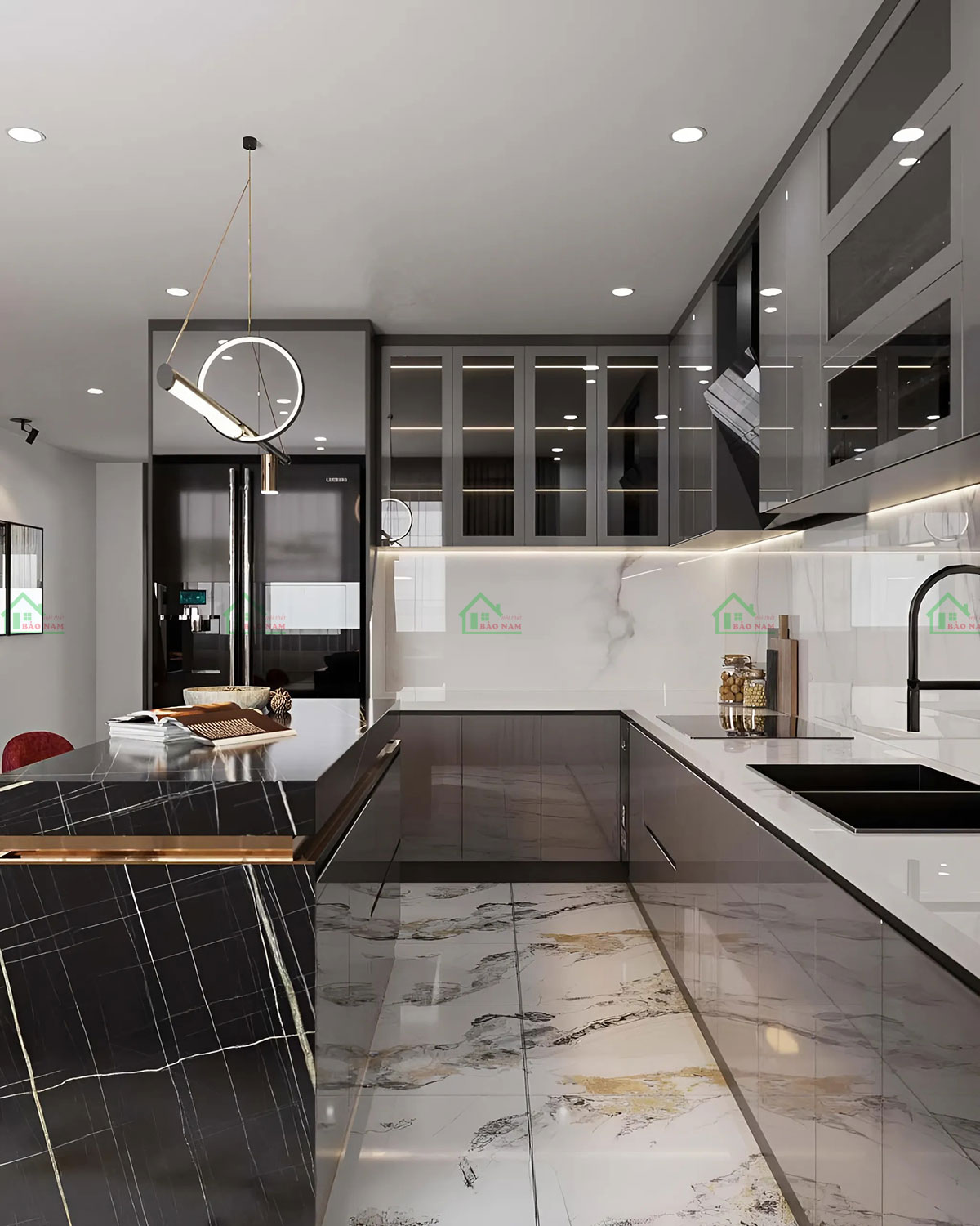 Mặt bàn bếp đá marble trắng vân mây trong tủ bếp TBA71.
