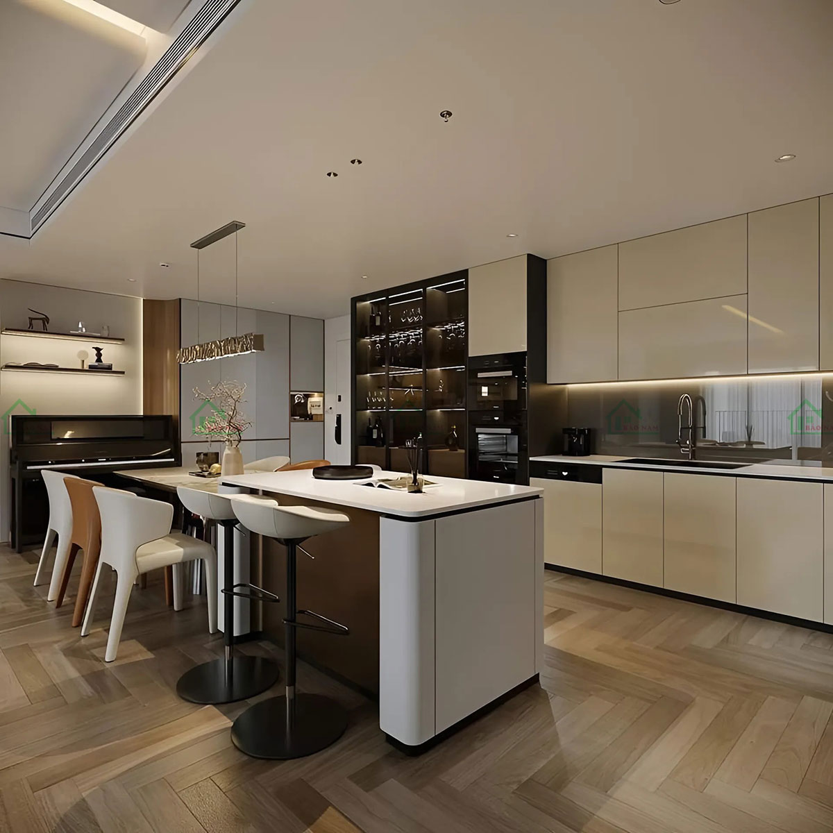 Tủ bếp chữ L, sử dụng acrylic bóng gương cao cấp.