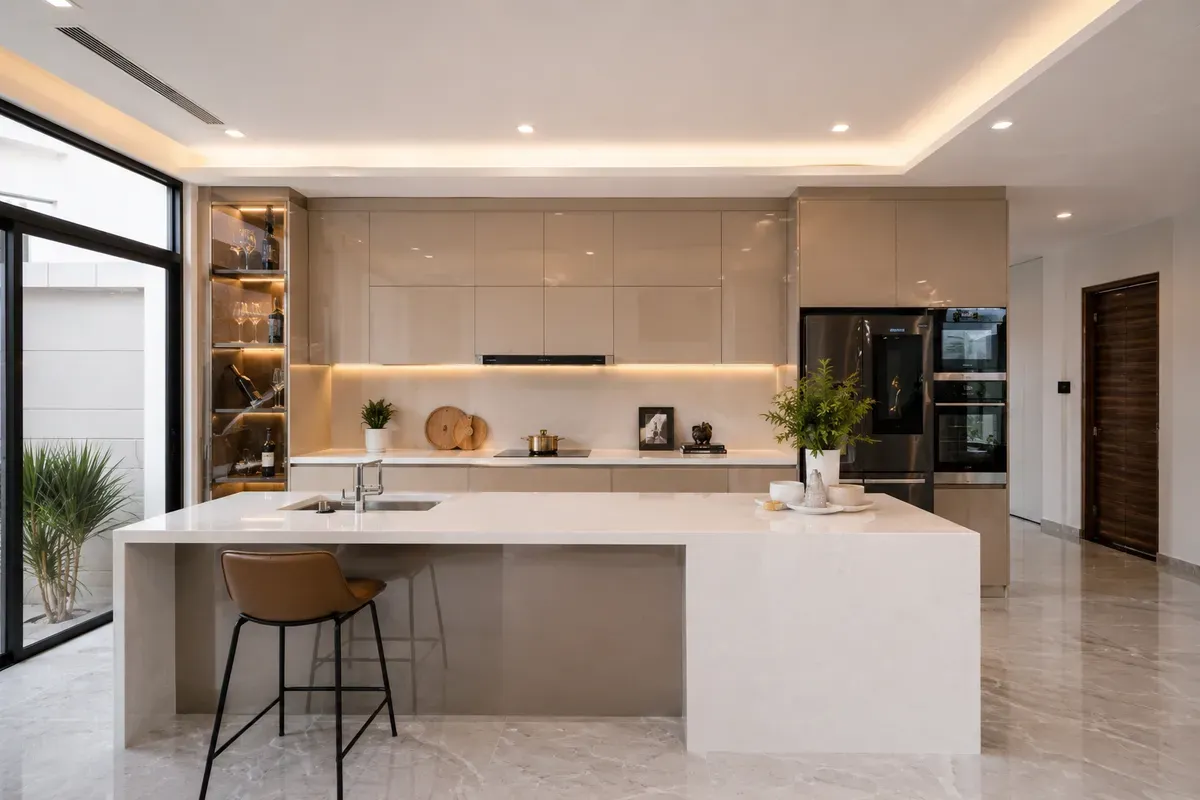 Tủ bếp Acrylic kết hợp đảo bếp hiện đại.