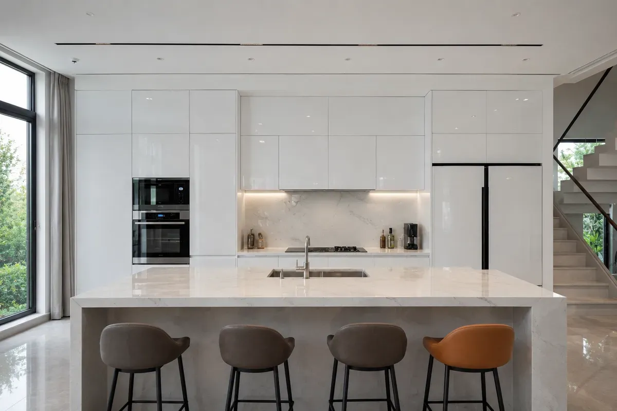 Thiết kế tủ bếp Acrylic màu trắng tối giản.