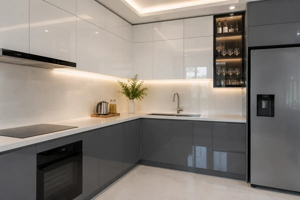 Tủ bếp Acrylic trên cốt MDF với bề mặt bóng gương hiện đại.