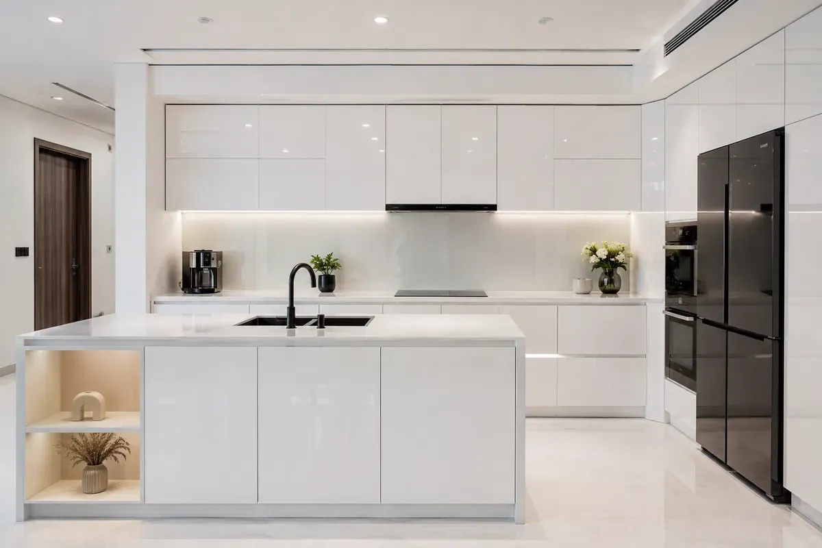 Bề mặt Acrylic bóng gương mang lại vẻ đẹp sang trọng cho không gian bếp.