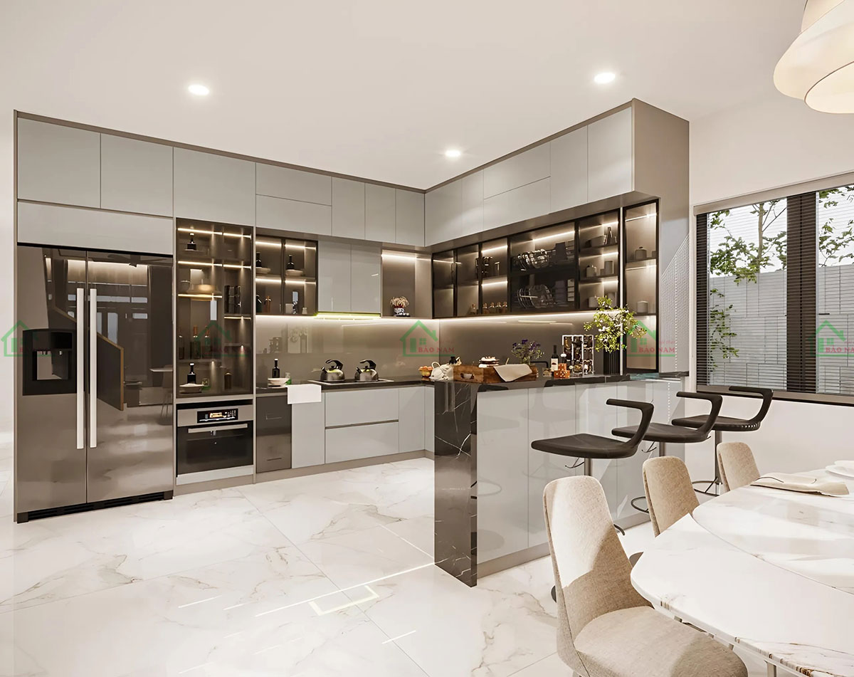 Tủ Bếp Acrylic TBA81 Bóng Gương Hiện Đại