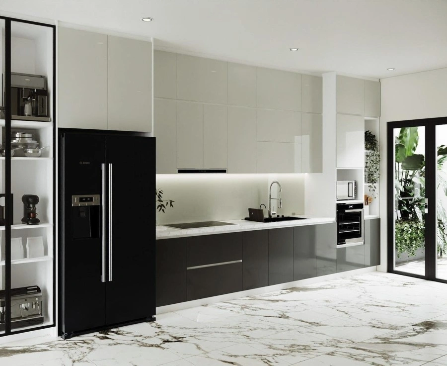 Tủ bếp acrylic TBA84 thiết kế chữ I hiện đại với tông trắng xám – ghi sang trọng