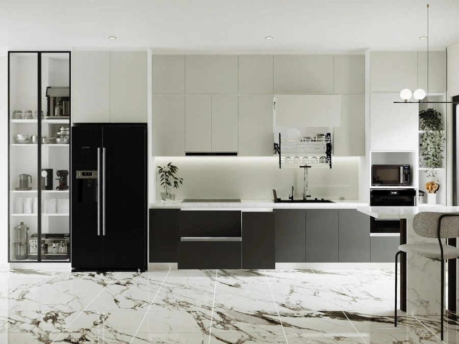 Mẫu tủ bếp Acrylic TBA84 nổi bật với hệ tủ trên cao kịch trần, phụ kiện inox thông minh và mặt đá trắng vân mây sang trọng.
