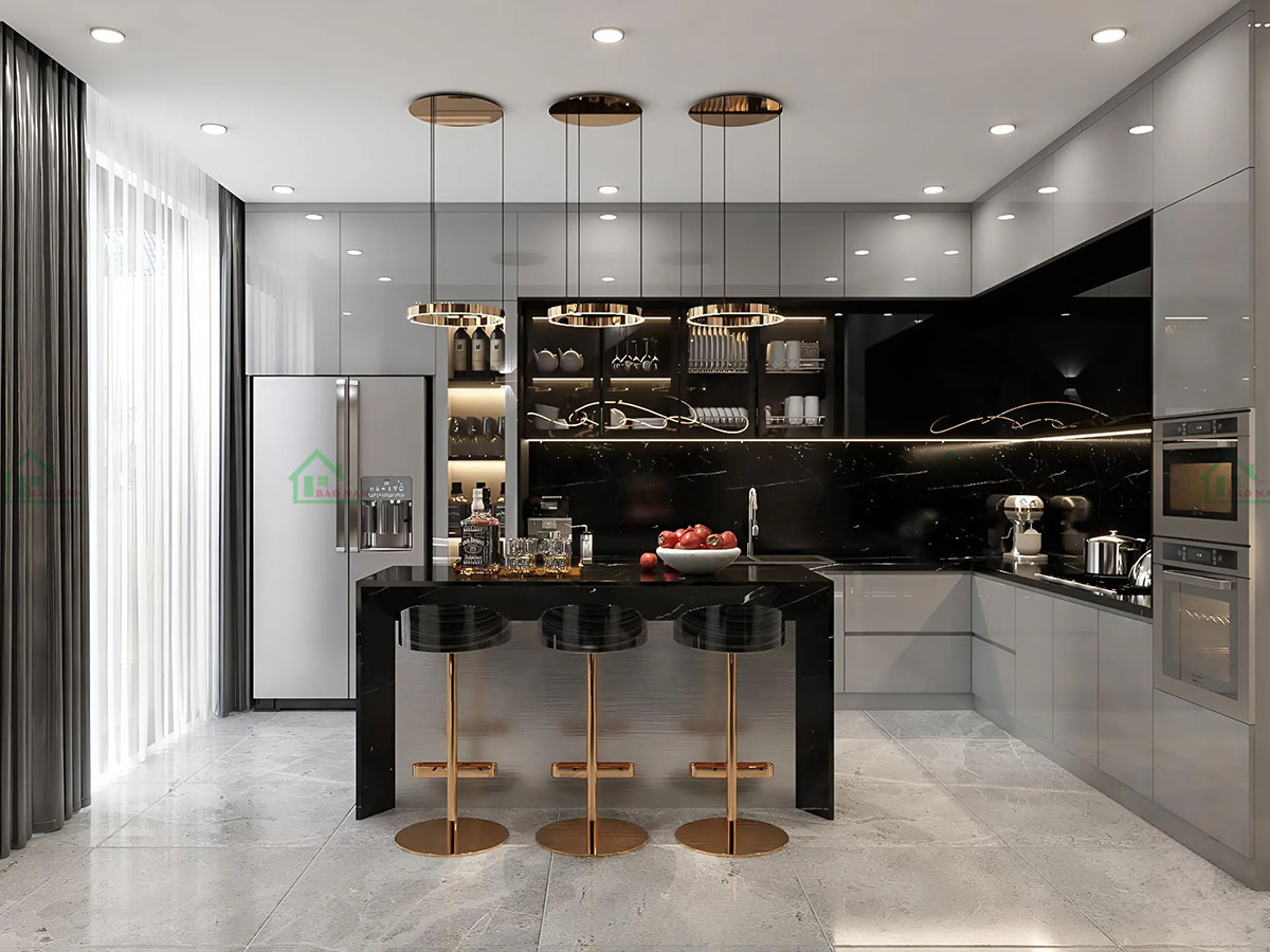 Tủ Bếp An Cường Acrylic Bóng Gương Màu Xám TBA75