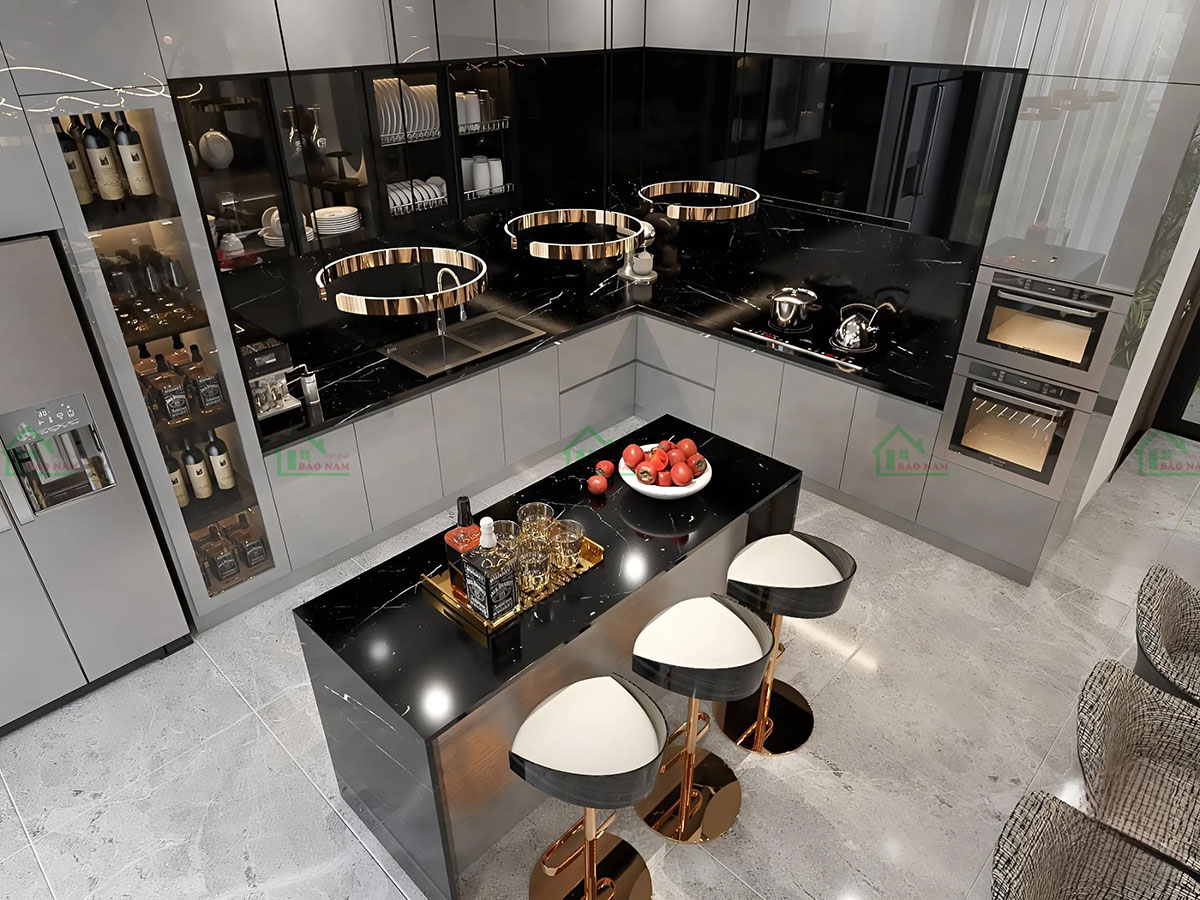 Mặt bàn bếp đá marble đen chỉ trắng trong tủ bếp TBA75.