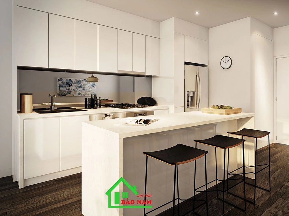 Thiết kế bếp cao cấp với tông màu Melamine đơn sắc
