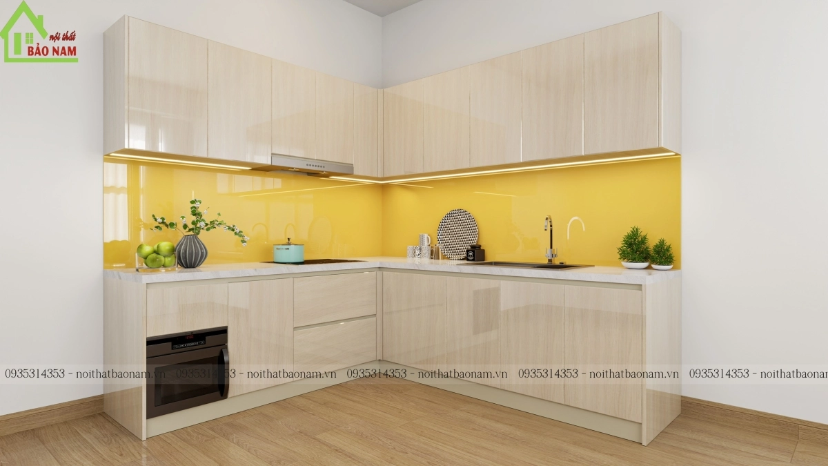 Tủ bếp chữ Acrylic vân gỗ đẹp hiện đại