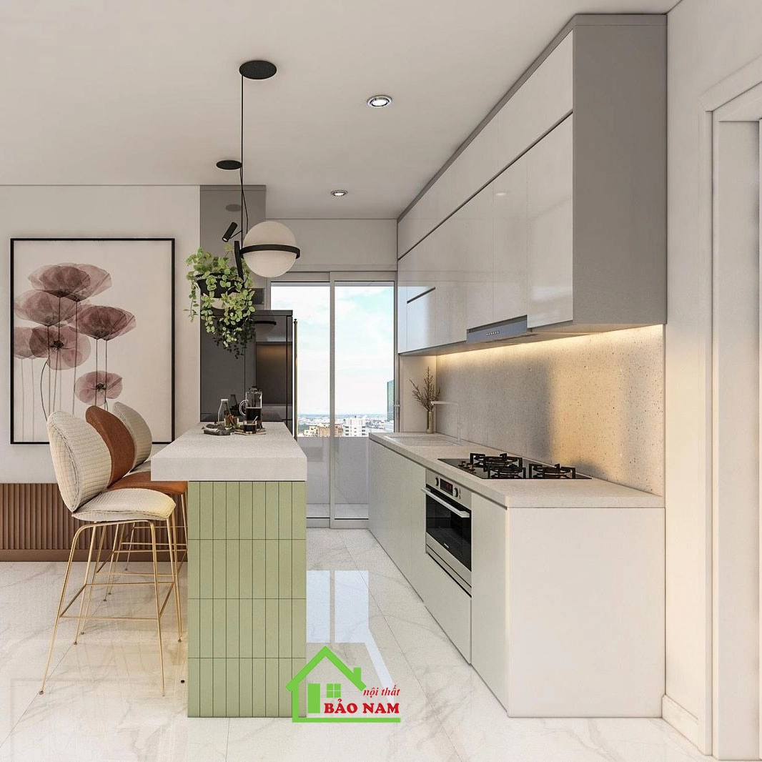 Tủ bếp chữ I hiện đại thiết kế kịch trần tiện nghi cho nhà nhỏ