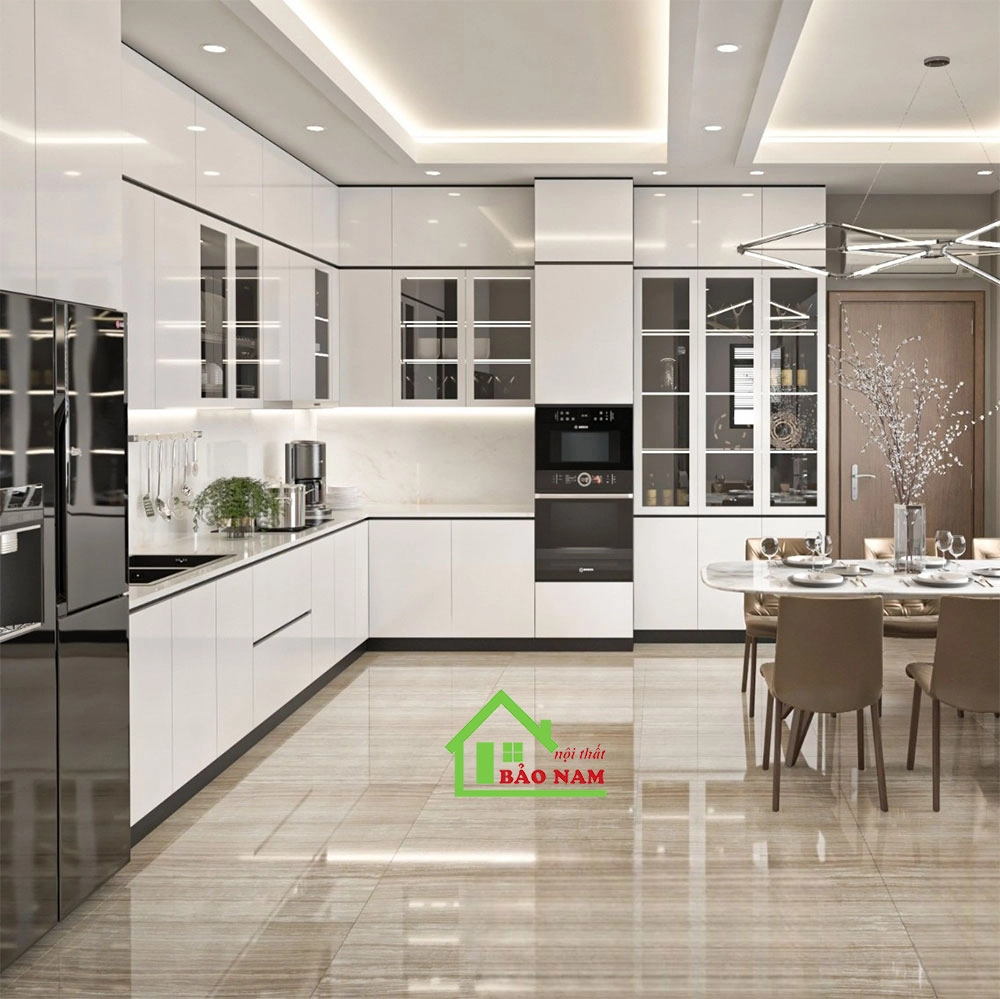 Tủ bếp acrylic màu trắng kịch trần sang trong cho nhà phố đẳng cấp