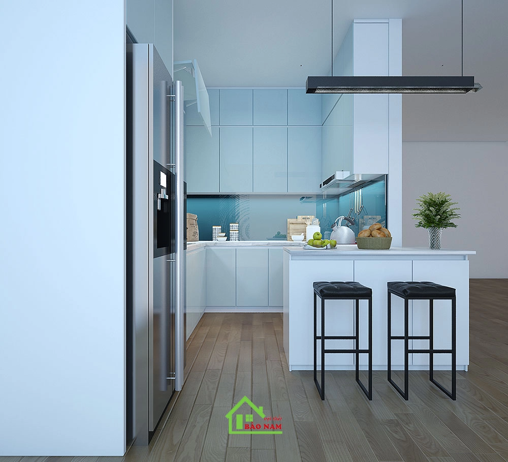Tạo không gian bếp tươi mát, liên quan đến nước, tương ứng với nguồn năng lượng của mệnh Thủy