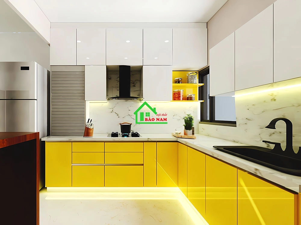 Thiết kế bếp với tông màu tươi sáng, sôi động, ấm áp và mang tính chất sáng tạo.