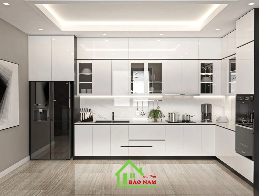 Mẫu tủ bếp chữ L acrylic bóng gương hiện đại