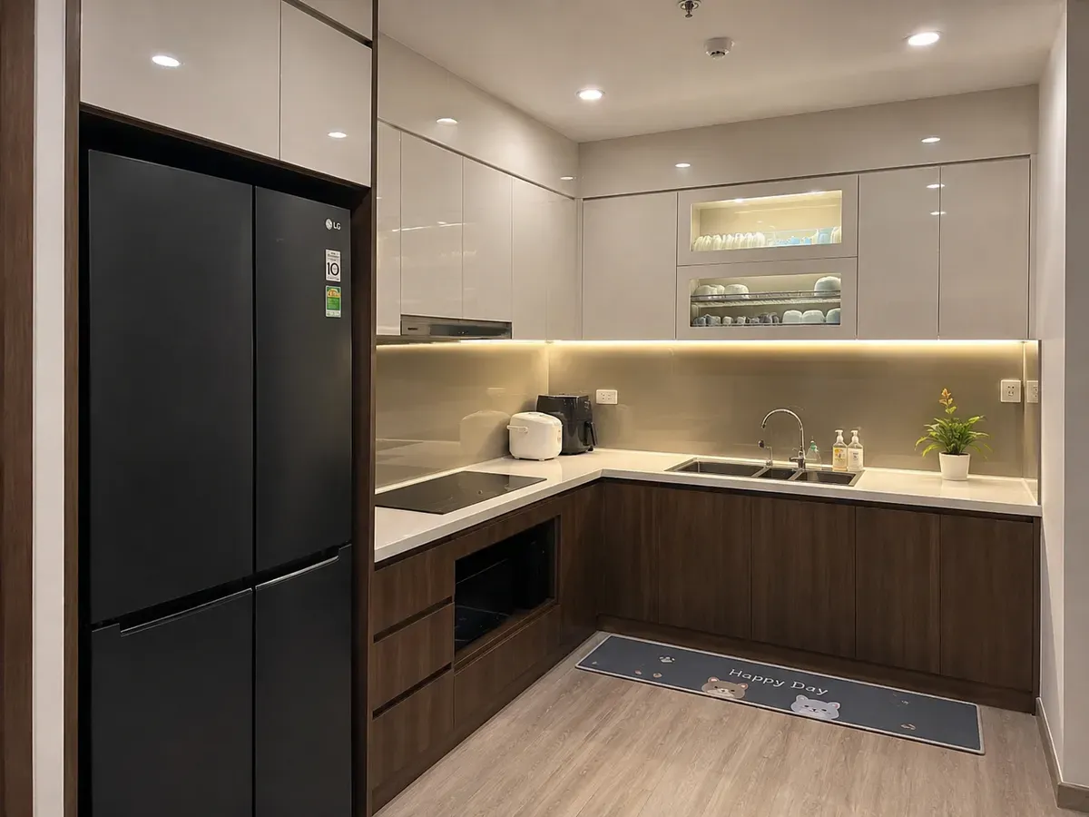 Tủ bếp chữ L là lựa chọn phổ biến cho chung cư, nhà phố và nhà ống.