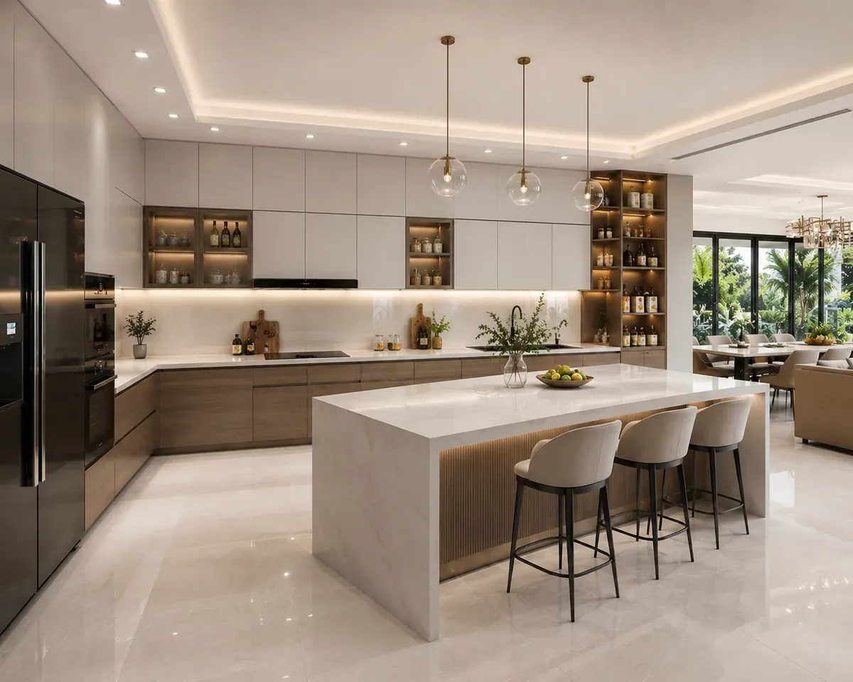 Đảo bếp giúp tăng diện tích thao tác và lưu trữ.