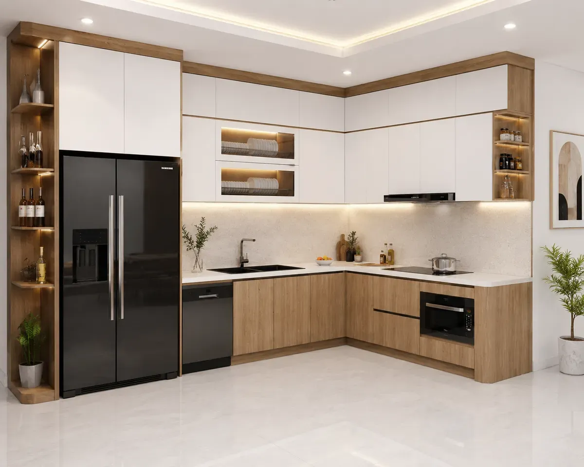 Mẫu tủ bếp chữ L hiện đại phù hợp với nhiều không gian nhà ở.