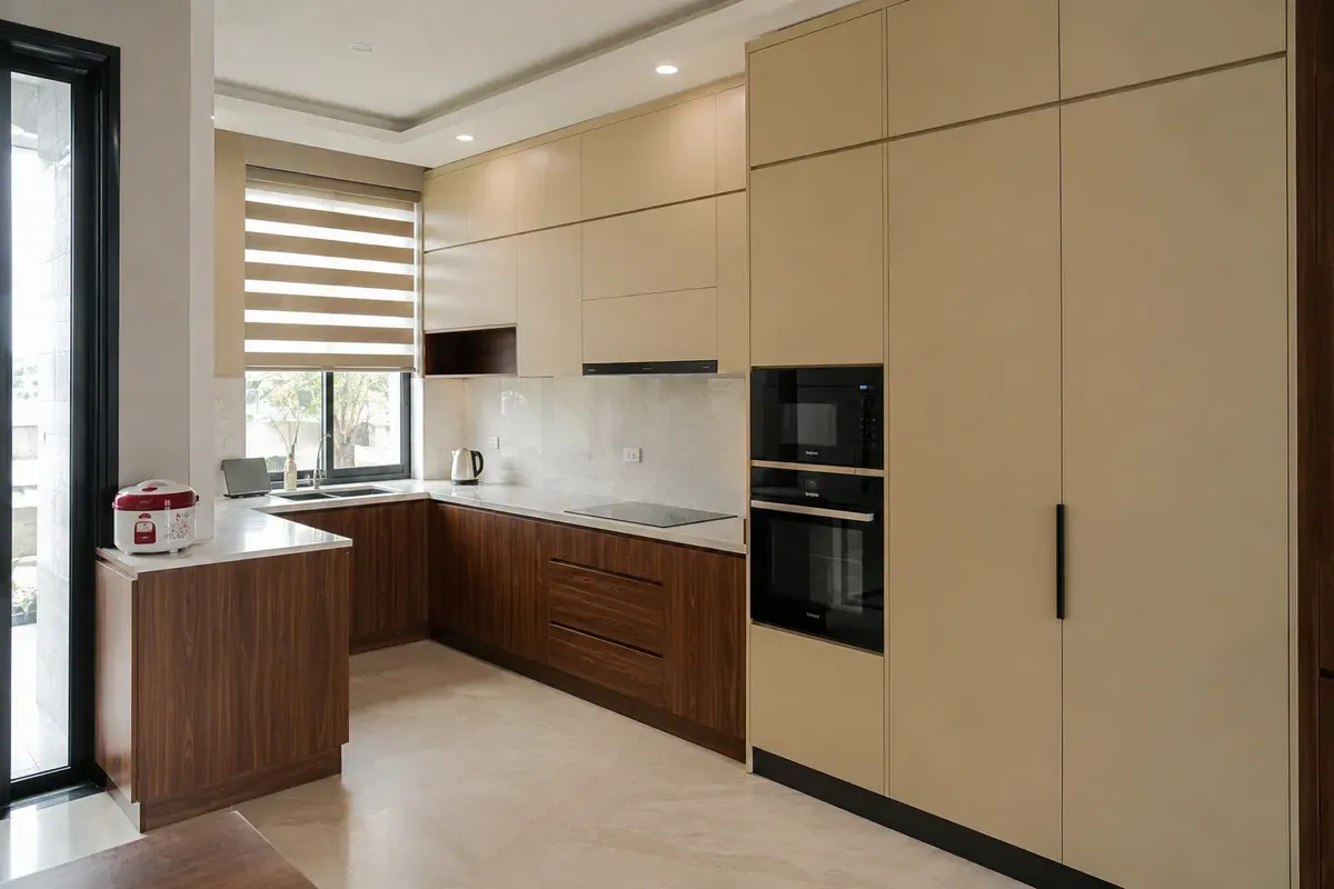 Thiết kế tủ bếp chữ L hiện đại cho nhà phố.