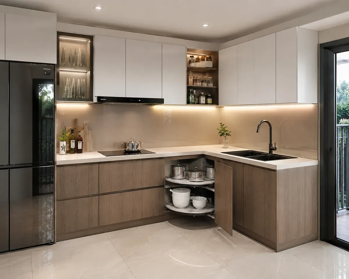Thiết kế chữ L giúp khai thác tối đa khu vực góc bếp thường bị bỏ trống.