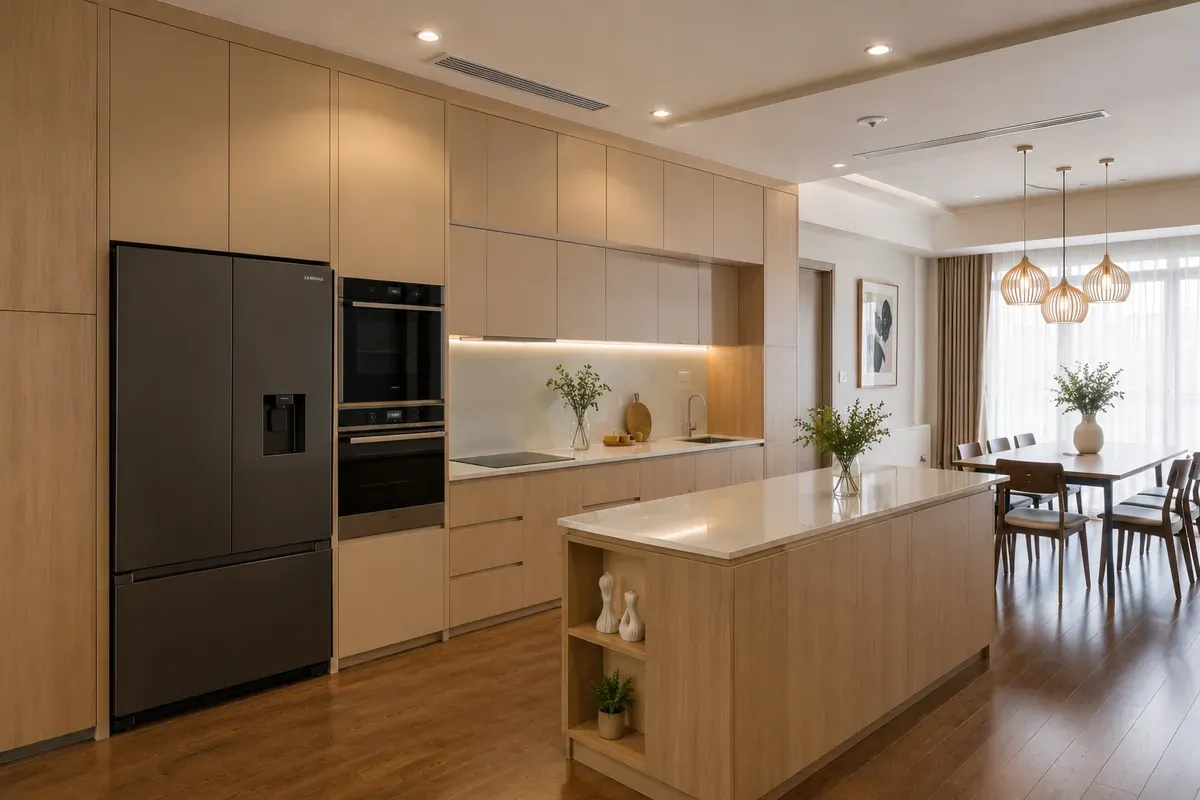 Hệ tủ bếp kịch trần tăng khả năng lưu trữ.