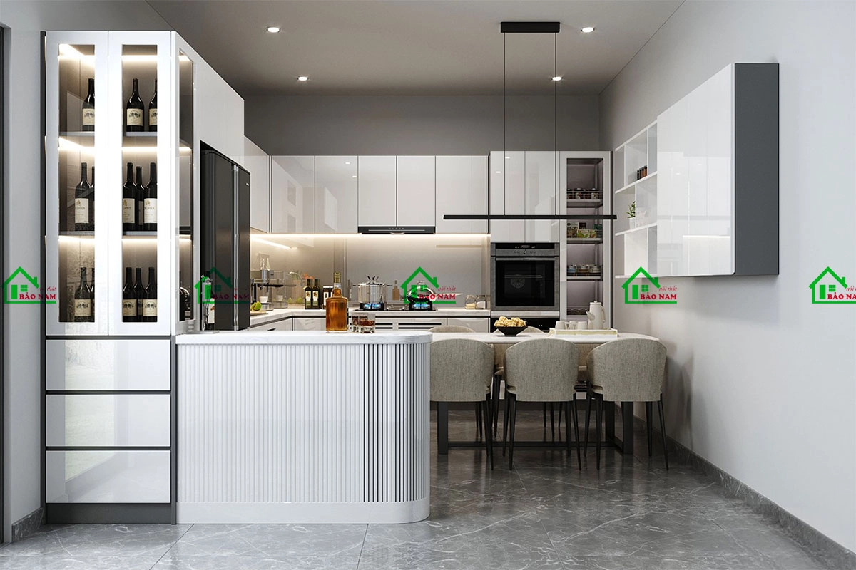 Tủ bếp acrylic hiện đại kết hợp quầy bar cao cấp