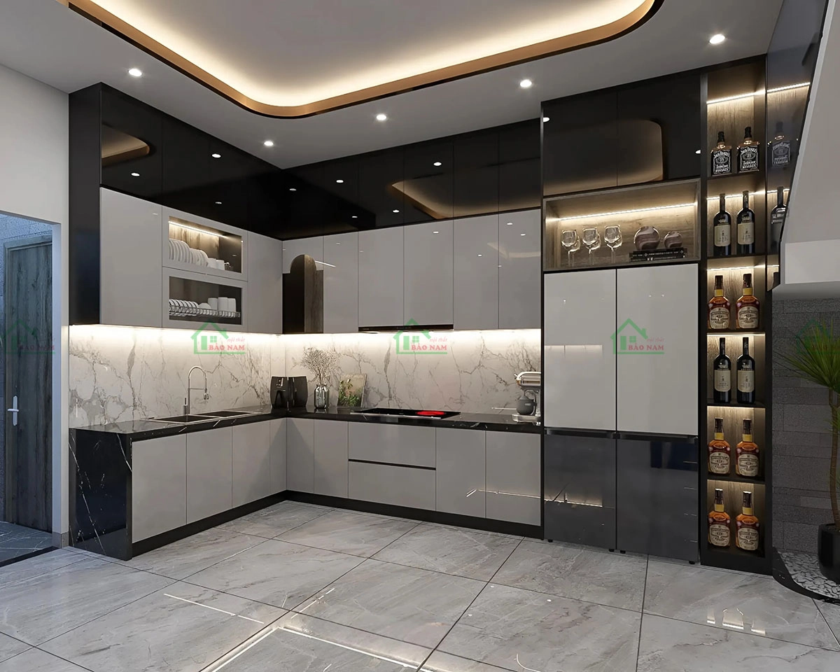 Tủ bếp bóng gương Acrylic, tạo không gian rộng mở và sáng sủa