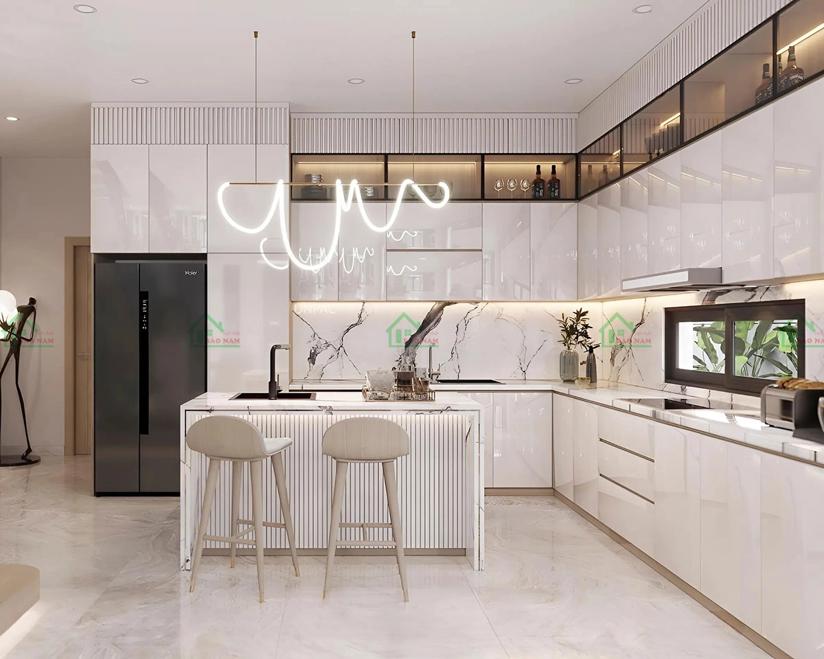 Tủ bếp gỗ công nghiệp kết hợp cánh nhôm kính cao cấp
