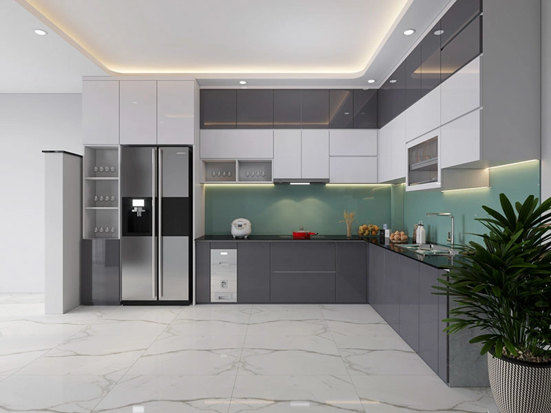 Mẫu tủ bếp Acrylic chữ L kịch trần hiện đại sang trọng
