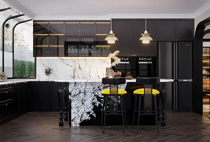 Tủ bếp đẹp phong cách indochine phù hợp với không gian nội thất biệt thự, căn hộ cao cấp
