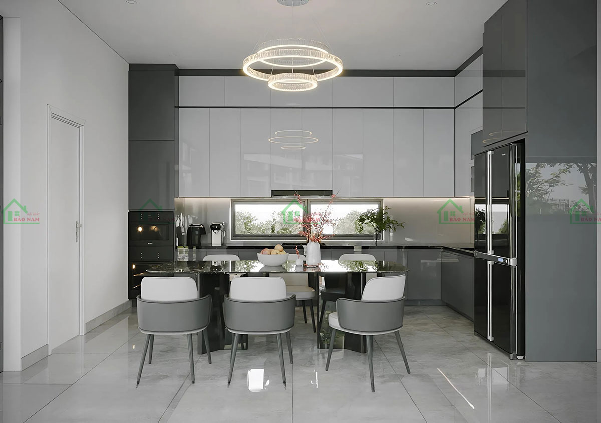 Tủ bếp gỗ acrylic An Cường TBA73 thiết kế hình chữ L hiện đại.