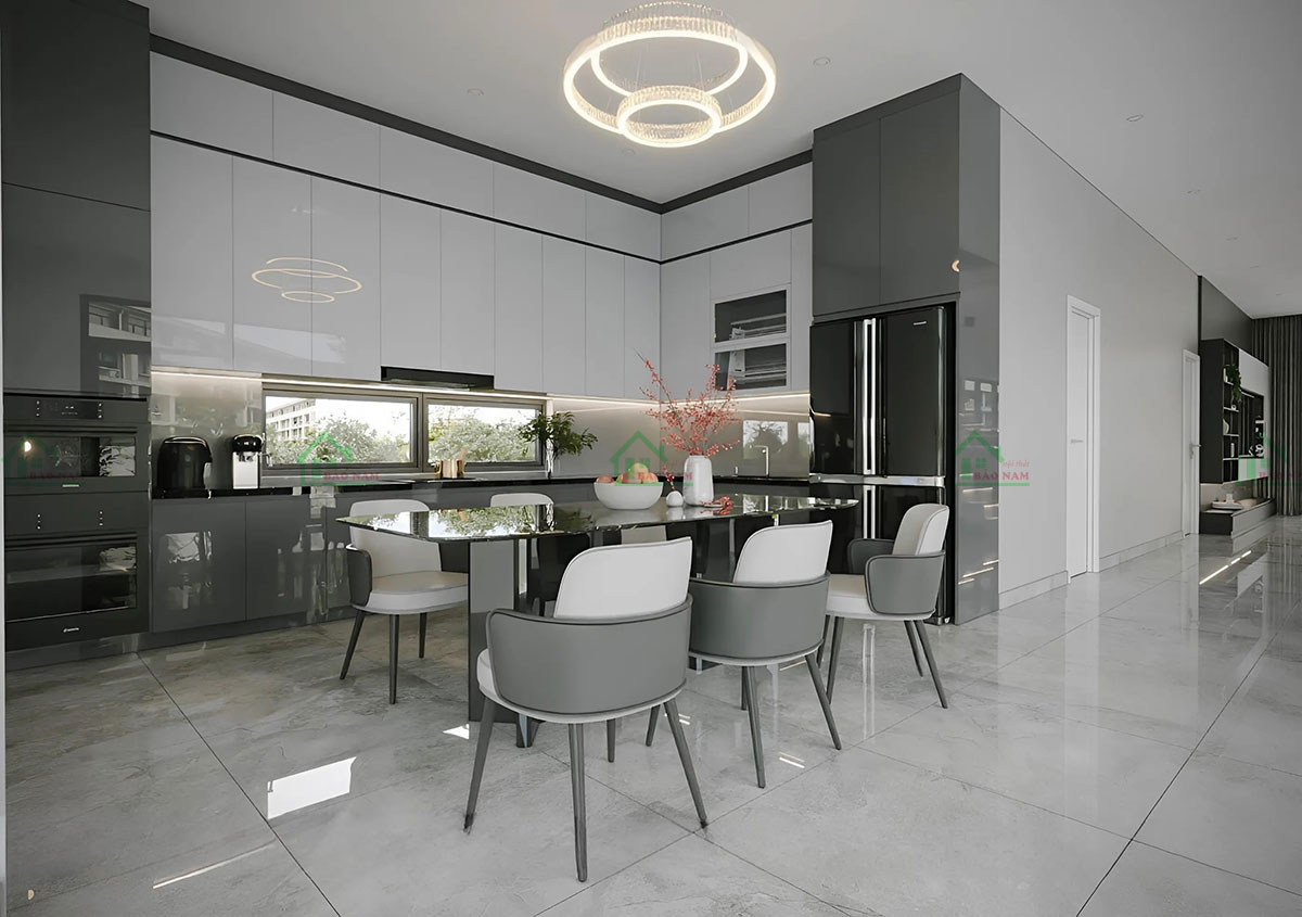 Cánh tủ acrylic bóng gương kết hợp nhôm kính đen.