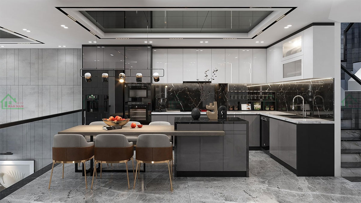 Tủ bếp gỗ acrylic TBA74 thiết kế hình chữ L hiện đại.