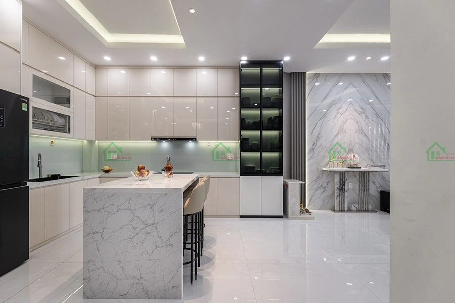 Tủ bếp Acrylic TBA83 màu trắng vân đá marble tinh tế