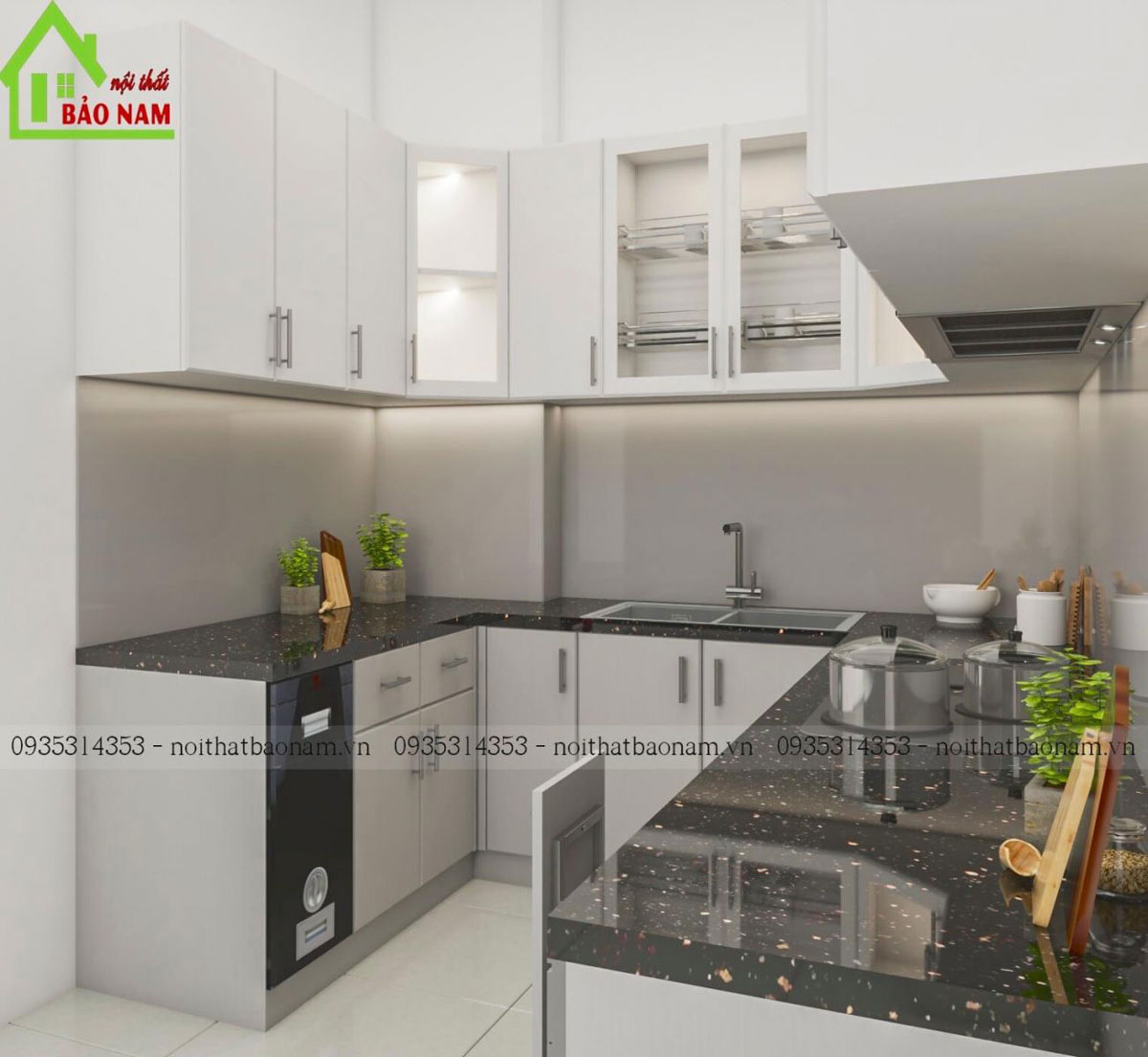 Tủ bếp sử dụng tông màu trắng và xám nhạt chủ đạo, tạo cảm giác sạch sẽ, thanh lịch.