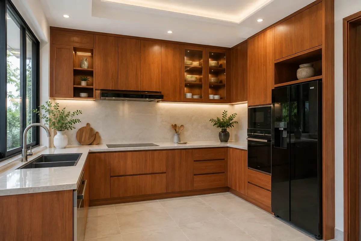 Thiết kế chữ L tối ưu diện tích và tăng không gian lưu trữ.